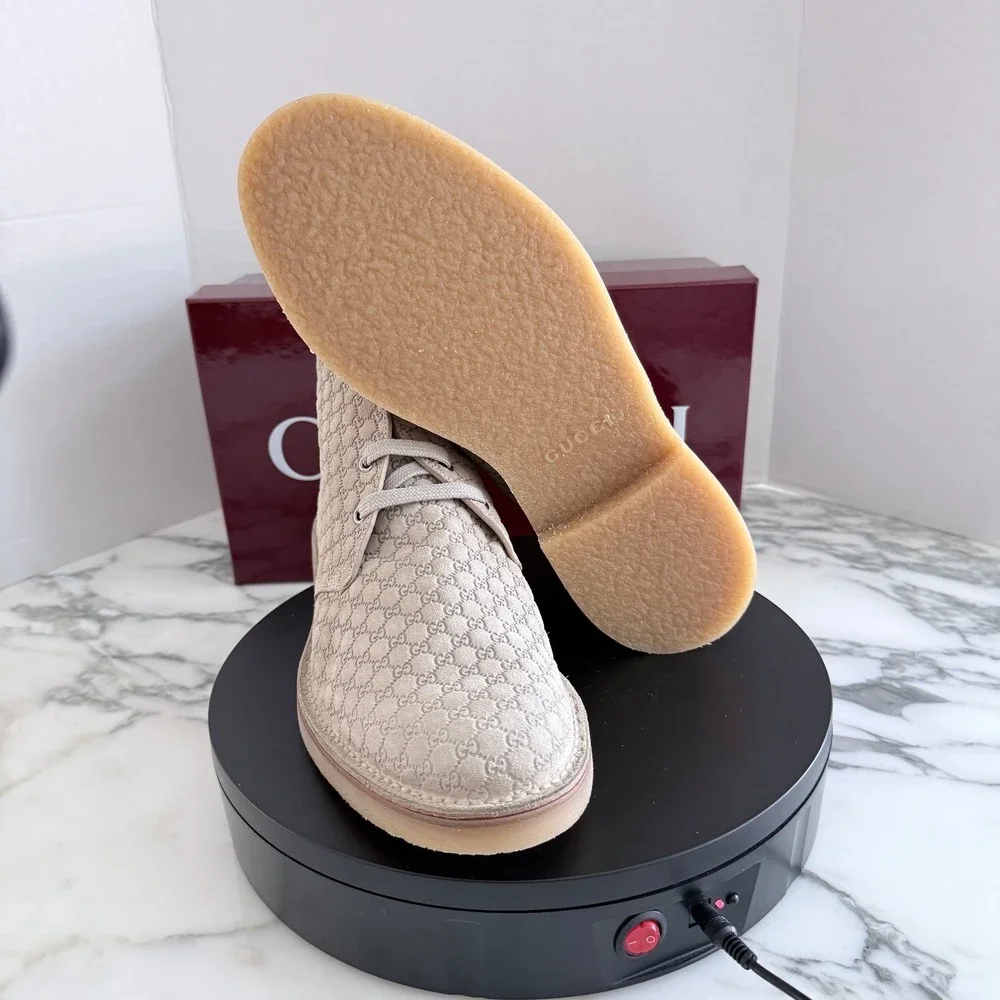 GUCCI GG Suede Desert Boots Embossed Oatmeal Tan Shoe, G 10+